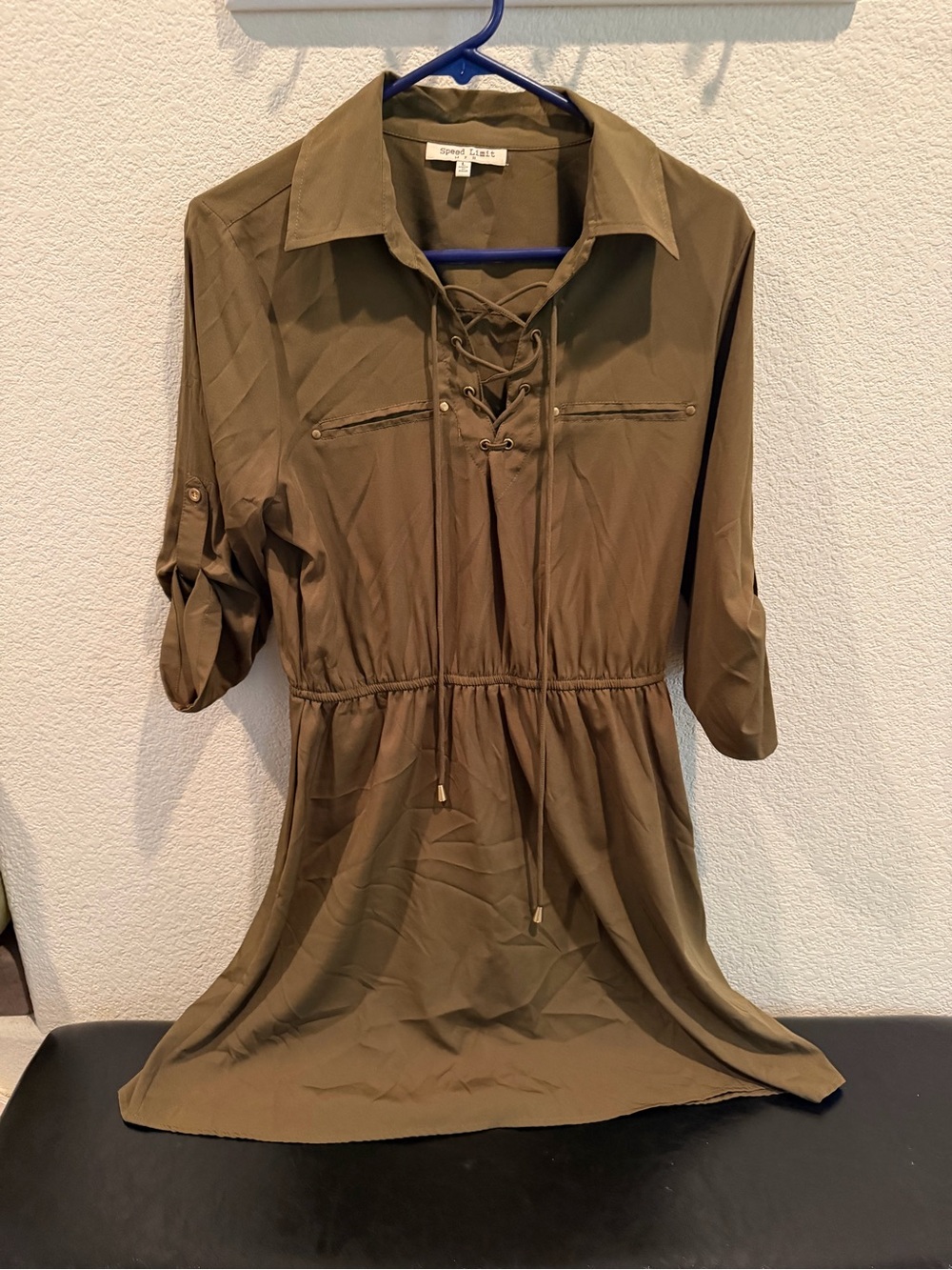 Screen Stars Olive Lace-Up Shirt Dress